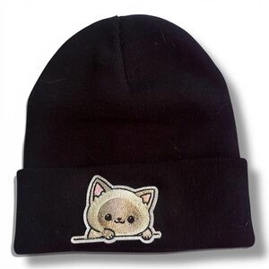 Adorable Black Beanie with Cat Embroidery